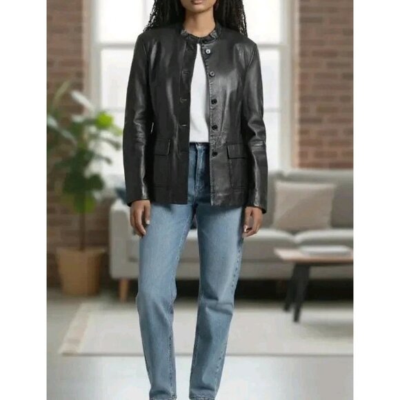 Newport News Y2K Leather Jacket L Black Hidden Button Peplum Midi Biker Preppy - Picture 1 of 9